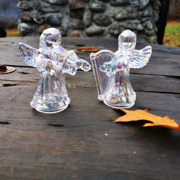 Pair of Iridescent Glass Angels Cherubs Playing Instruments Candle Holders - Picture 10 of 16